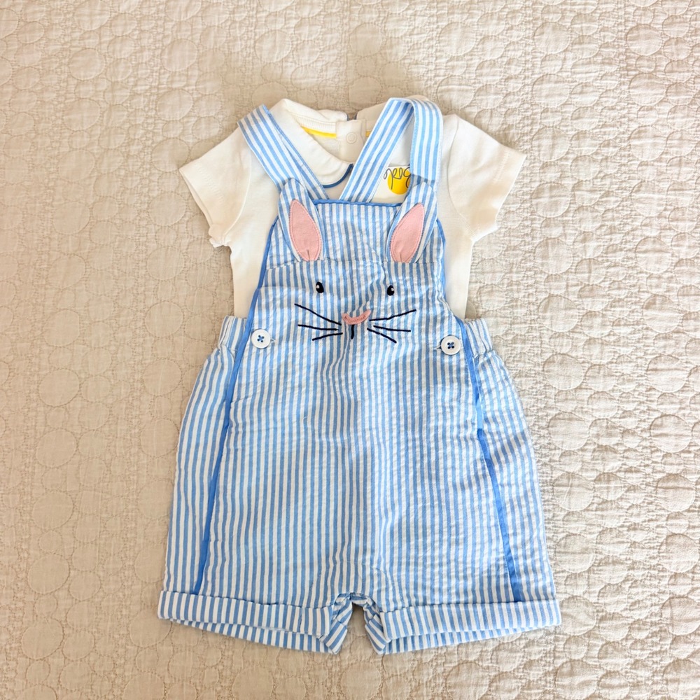 Baby Boden Bunny Seersucker Shortalls Bodysuit Set Blue White 3-6M NWT
